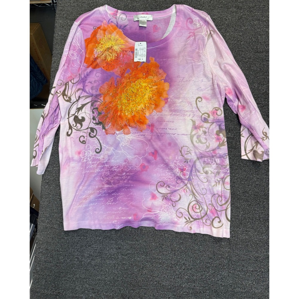 CJ Banks Floral Top Women 14W X Purple NWT Rhinestone Ribbed 3/4 Sleeve